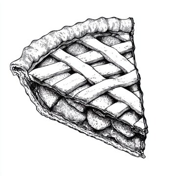 recommend clip art: Black and white Vintage engraved art of a slice of apple pie with a lattice crust, isolated on white background, ink sketch illustration, simple vector art design, highly detailed line art