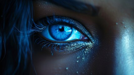 Close-up of a woman's eye with striking blue color and droplets, highlighting detailed features