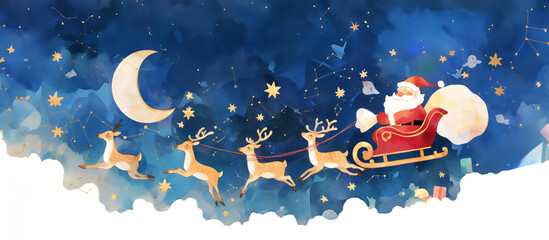 Watercolor Santa Claus flies a sled through the snow, with reindeer and a trolley filled with gifts