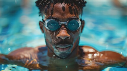 Fototapeta premium Young swimmer emerges from water wearing goggles at a pool on a sunny day