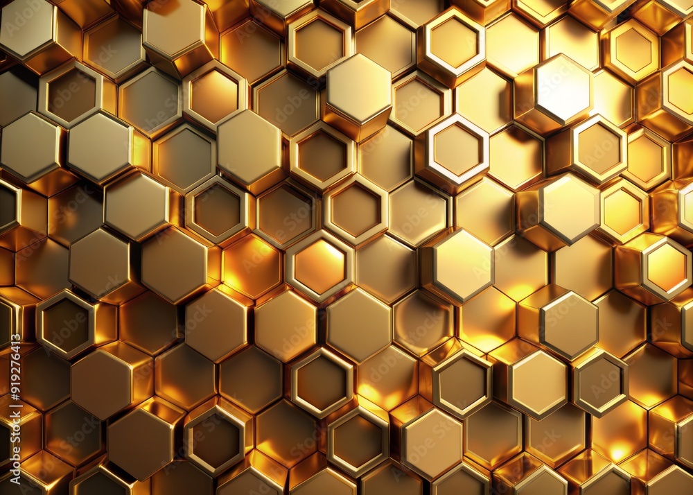 Poster golden hexagons in geometric pattern, shimmering with luxurious light, abstract 3d rendering of intr