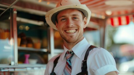 Obraz premium Smiling worker of a beautiful ice cream truck with ice cream