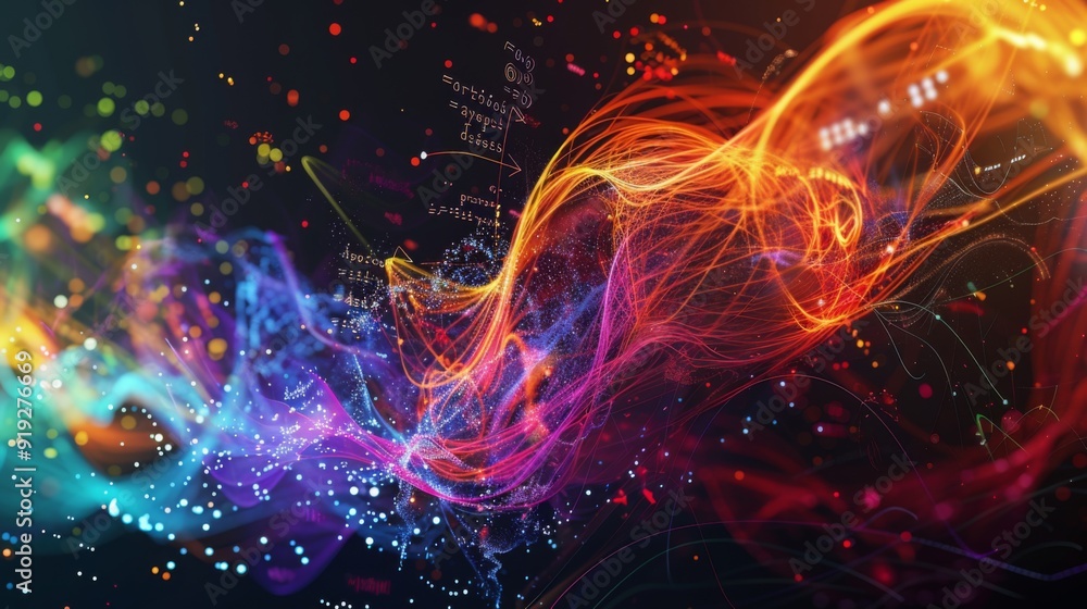 Poster abstract visualization of fluid dynamics with colorful flow patterns and mathematical equations, ill