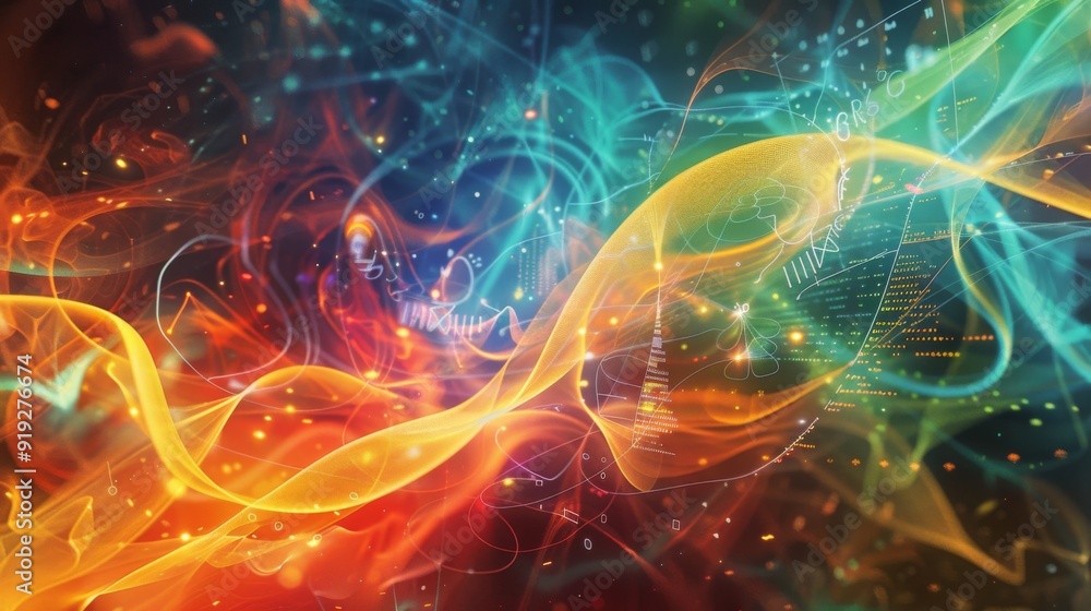 Poster abstract visualization of fluid dynamics with colorful flow patterns and mathematical equations, ill