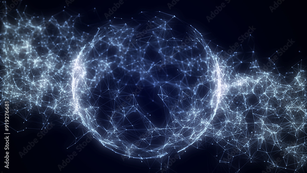Poster sci-fi sphere with network connection on cyberspace with moving particles. big data visualization. w