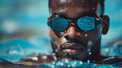 Fototapeta premium Young man swimming in a pool with goggles, water splashing around him during daylight