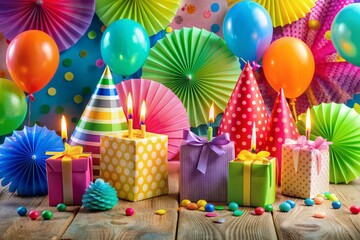 Vibrant birthday scene features candle-adorned party favor bags surrounded by a kaleidoscope of balloons, sparkling paper fans, and festive decorations in a joyful celebration setup.