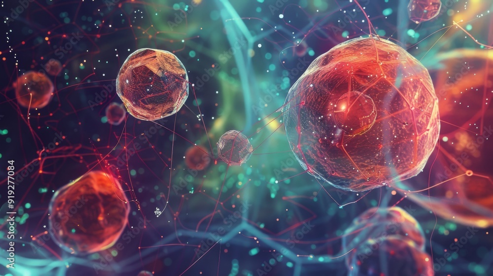 Poster abstract visualization of stem cell research with digital models and cellular structures, highlighti
