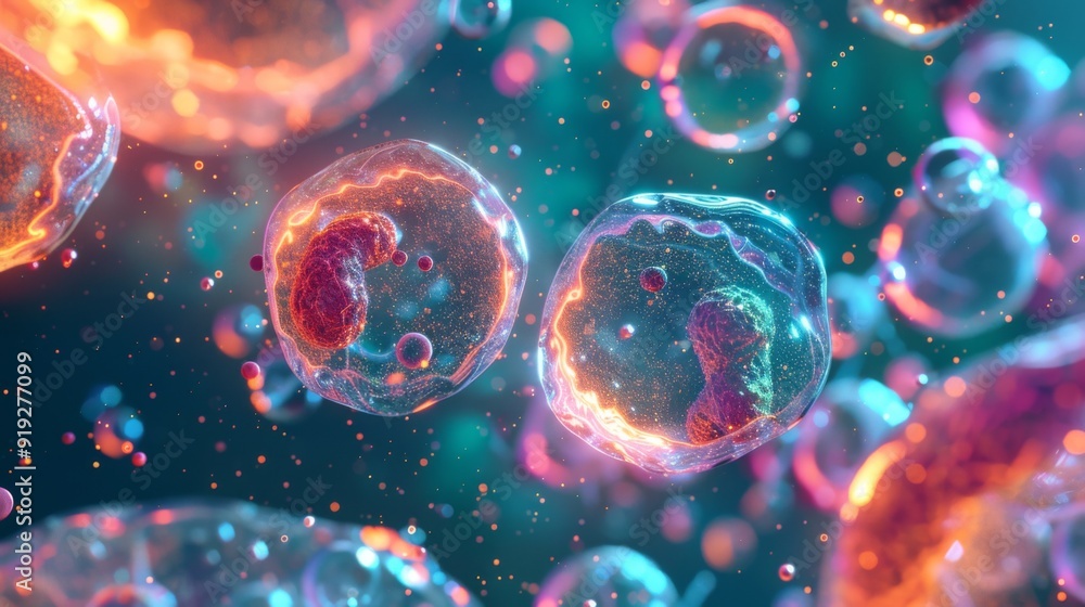 Poster abstract visualization of stem cell research with digital models and cellular structures, highlighti
