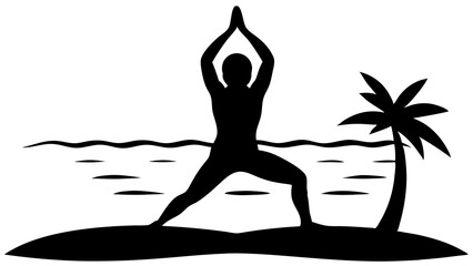 Sunrise Beach Scene with Yoga Pose Silhouette - White Vector Illustration