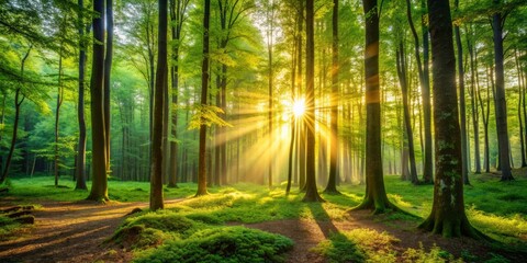 Obraz premium Serene forest landscape with warm sunlight filtering through lush green trees, evoking feelings of calmness and tranquility, perfect for promoting mental wellness and relaxation.