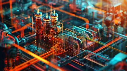 Abstract visualization of thermal engineering with heat transfer models and digital designs, representing innovation in energy management.