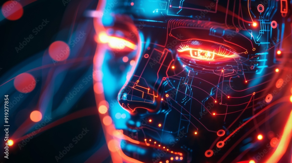 Poster artificial intelligence concept with a glowing digital face and circuit lines, representing advanced