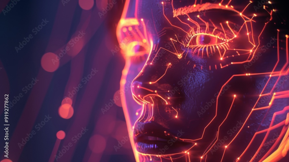 Poster artificial intelligence concept with a glowing digital face and circuit lines, representing advanced