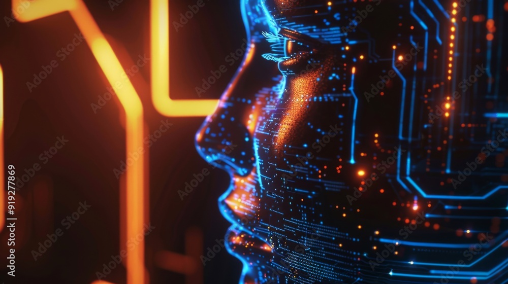 Poster artificial intelligence concept with a glowing digital face and circuit lines, representing advanced