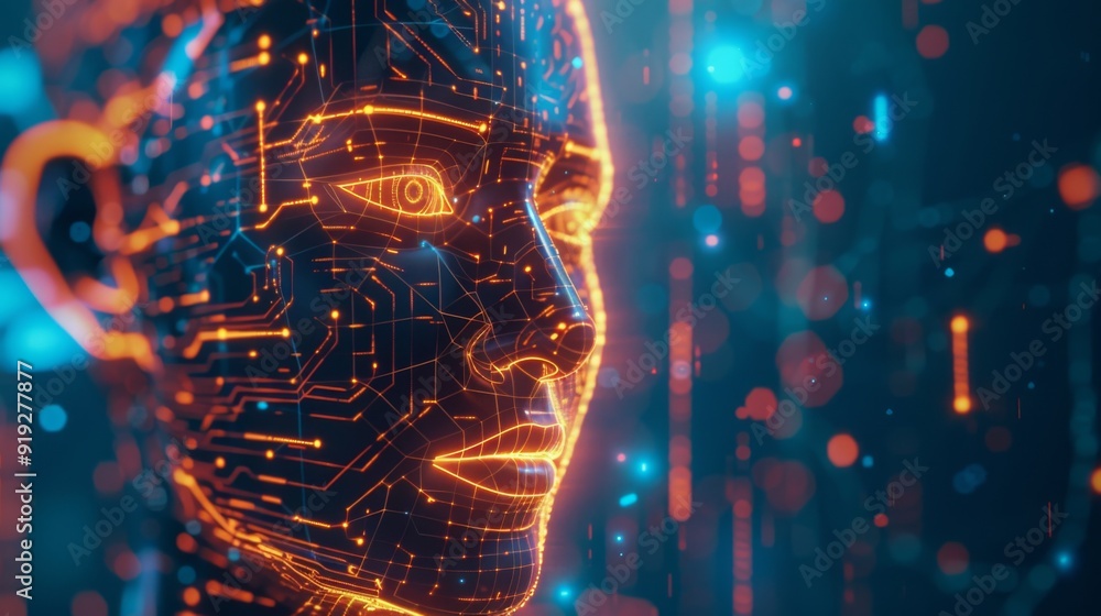 Poster artificial intelligence concept with a glowing digital face and circuit lines, representing advanced