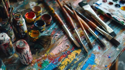 Fototapeta premium Assortment of art supplies, including brushes and paints, spread across a canvas, representing the creative and expressive side of education.