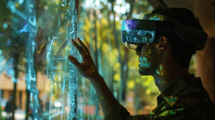 Augmented reality interface with digital overlays on a real-world environment, highlighting the blending of virtual and physical worlds.