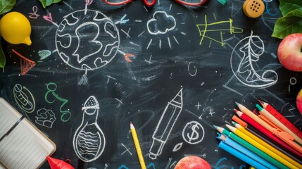 Blackboard filled with colorful chalk drawings and educational concepts, showcasing the vibrant and engaging world of education.