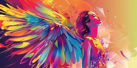 Naklejka premium Abstract art with colorful wings and a woman.