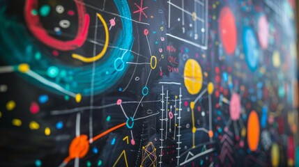 Chalkboard filled with mathematical equations and colorful diagrams, representing the diverse and dynamic nature of educational pursuits.