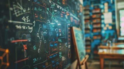Chalkboard filled with mathematical equations and colorful diagrams, representing the diverse and dynamic nature of educational pursuits.