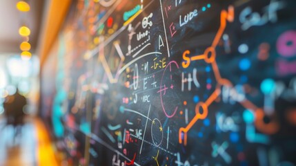 Chalkboard filled with mathematical equations and colorful diagrams, representing the diverse and dynamic nature of educational pursuits.