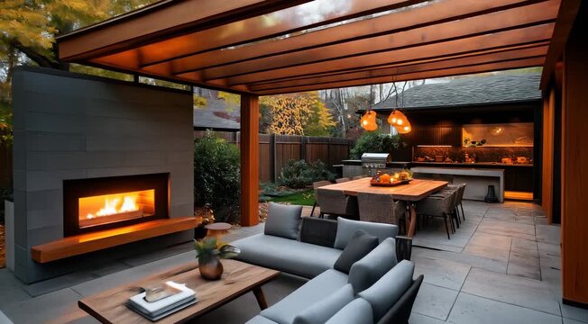 Modern outdoor patio with a fireplace, seating area, dining table, and outdoor kitchen under a wooden pergola with autumn foliage in the background.