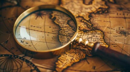 Fototapeta premium Close-up of a magnifying glass over a detailed map, illustrating the focus and attention to detail required in geographical studies.