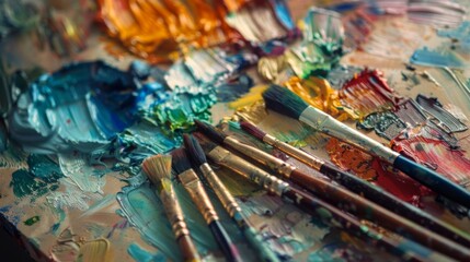 Fototapeta premium Close-up of an artist's palette with a variety of paints and brushes, showcasing the creative process in art education.