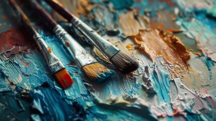 Fototapeta premium Close-up of an artist's palette with a variety of paints and brushes, showcasing the creative process in art education.
