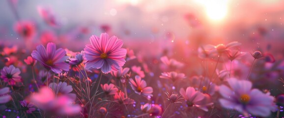 Pink Cosmos Flowers Blooming in the Evening Sun