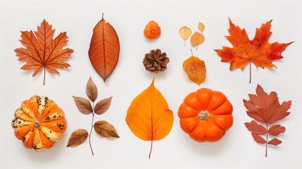 Fototapeta premium Autumn Leaves And Pumpkins Decor On White Background