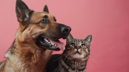 Close-Up of Happy Dog and Cat on Pink Background