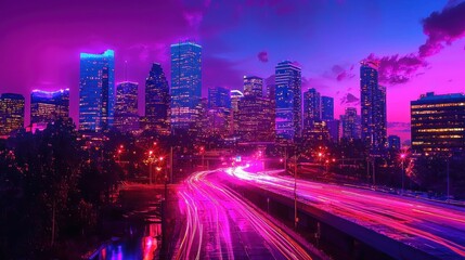 Fototapeta premium Neon Cityscape with Pink and Purple Lights and a Highway with Cars