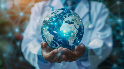 Fototapeta premium Doctor Holding Virtual Globe With Healthcare Network Connections