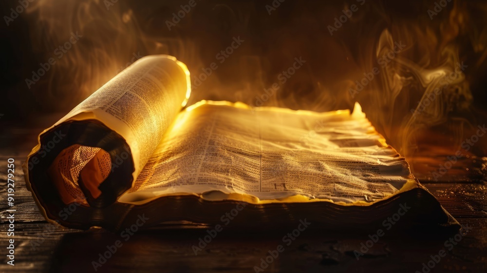 Aufkleber ancient scroll illuminated by warm light in a dimly lit setting