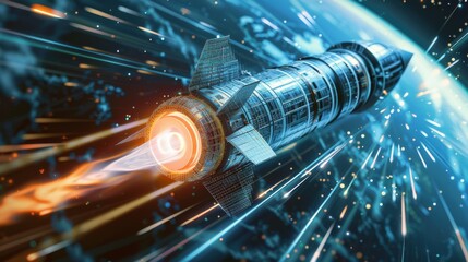 Concept of aerospace engineering with digital rocket designs and propulsion systems, highlighting advancements in space exploration technology.