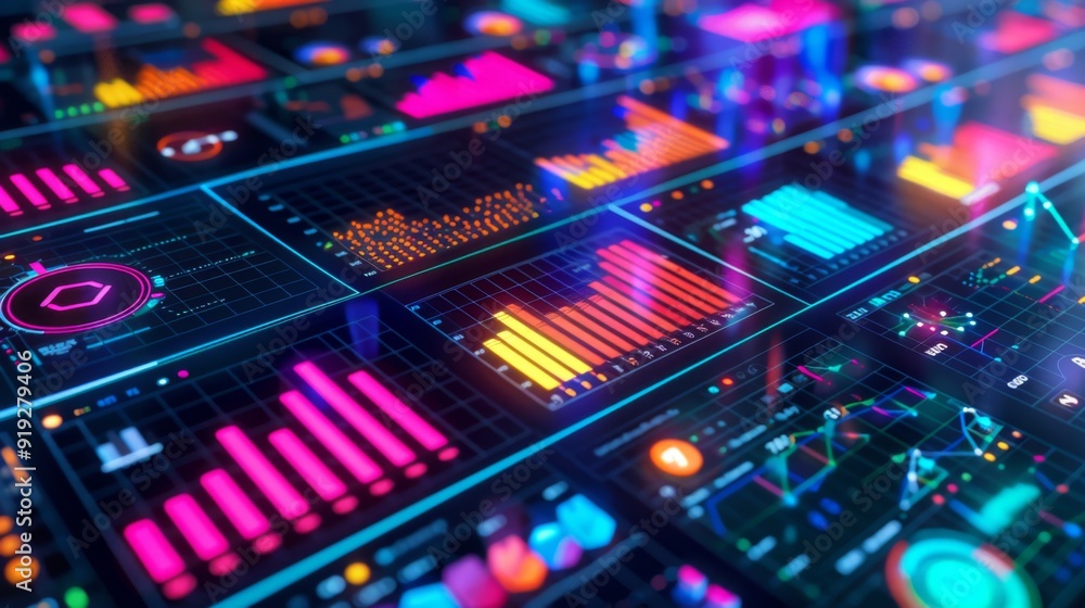 Poster concept of big data visualization with vibrant, layered charts and graphs, representing complex data