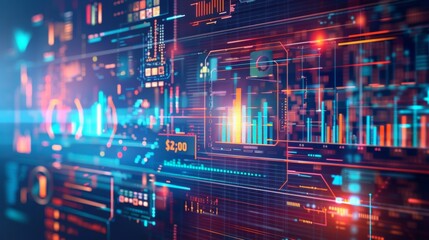 Concept of big data visualization with vibrant, layered charts and graphs, representing complex data analysis and technology-driven insights.