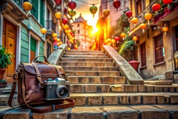 Vintage camera and backpack rest on worn stone stairs amidst vibrant architecture, colorful lanterns, and bustling street life in a lively foreign cityscape backdrop.