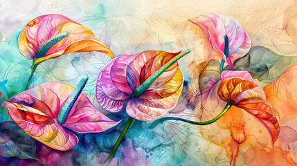 A beautiful Colorful Watercolor Painting Of Anthurium Energetic Composition,Textured Paper Background