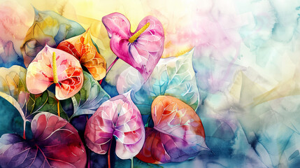 A beautiful Colorful Watercolor Painting Of Anthurium Rich Hue Light Background