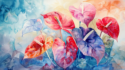 A beautiful Colorful Watercolor Painting Of Anthurium Rich Hue Light Background