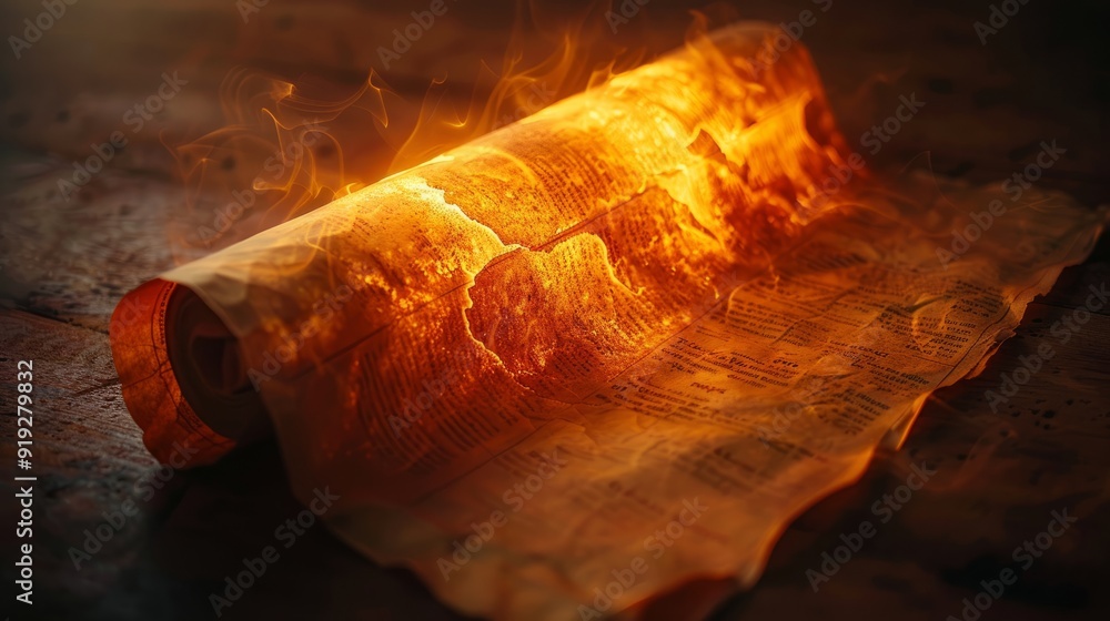 Poster ancient scroll engulfed in flames illuminating a dark stone environment