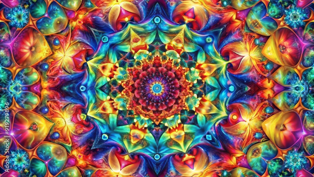 Poster vibrant abstract background featuring intricately interlocking geometric shapes in a kaleidoscope of