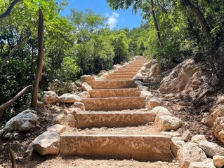 A mountain trail is restored with recycled stone steps, promoting environmental preservation and showcasing the art of recycling. 
