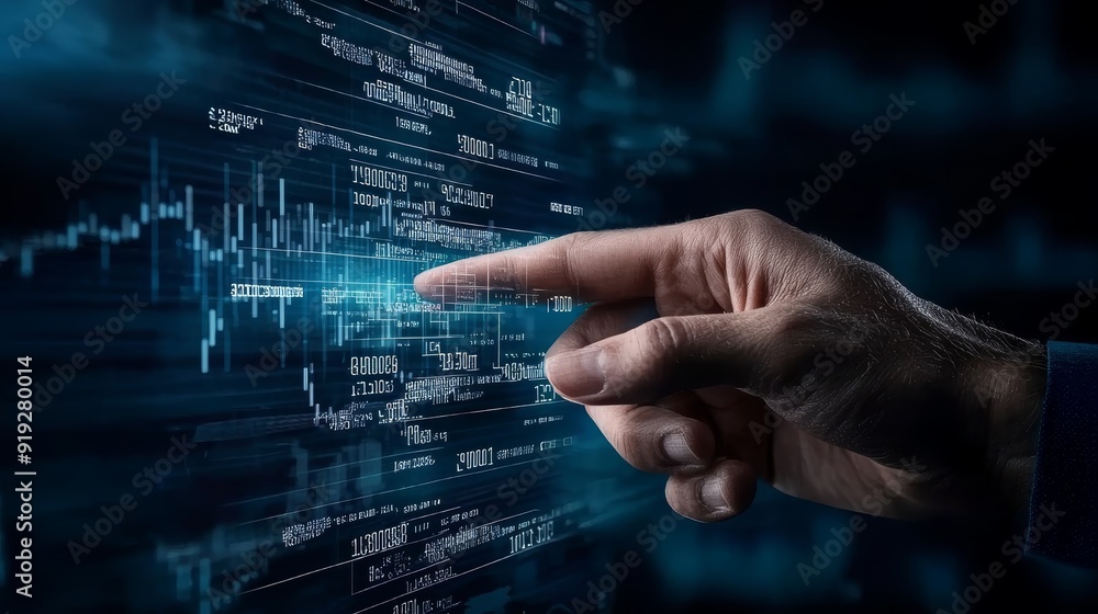 Poster a hand interacting with digital data displays, showcasing technology and innovation in a modern envi