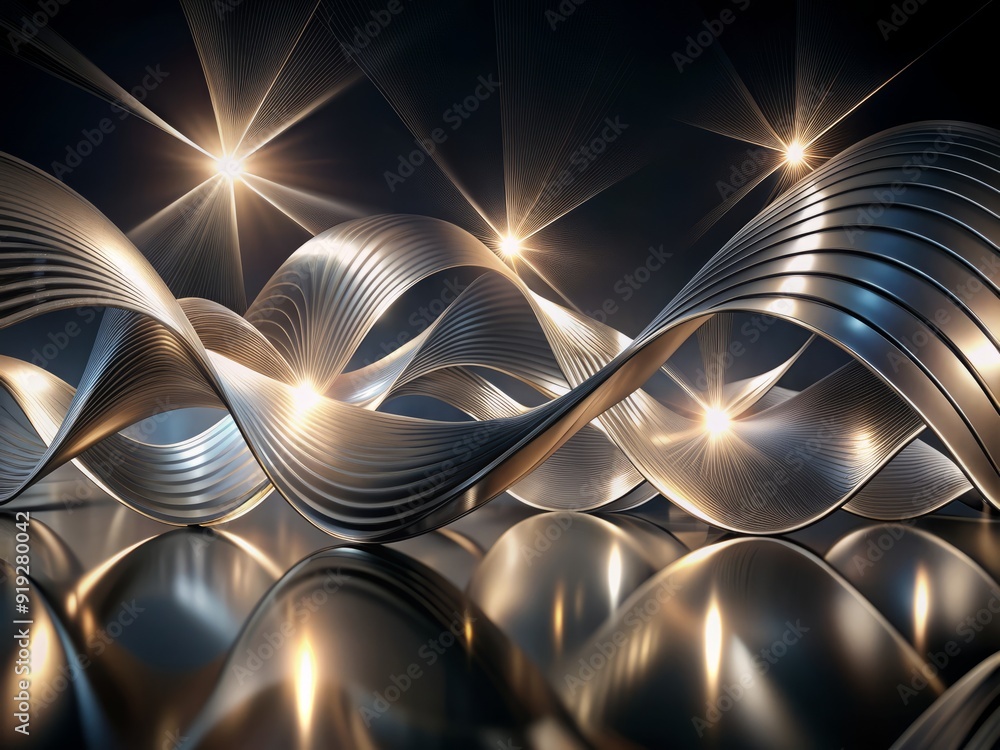 Aufkleber shimmering silver metallic forms undulate across a dark background, curved lines and abstract shapes