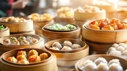 A vibrant dim sum feast in bamboo steamers, with a variety of dishes and copy space, highlighting the richness of Chinese cuisine.